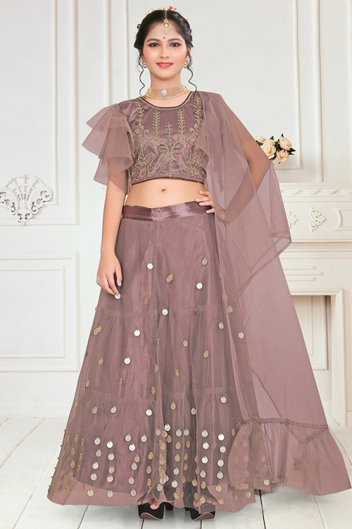 Embroidered Net Mauve Taupe Lehenga
