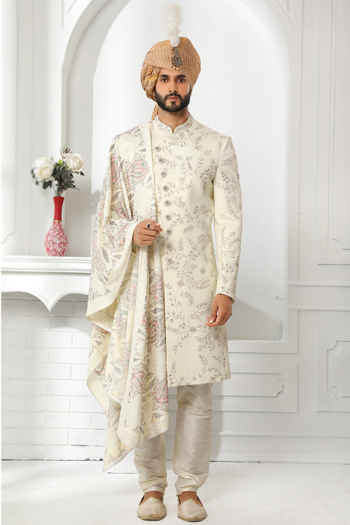 Embroidered Off-White Art Silk Churidar Men Sherwani