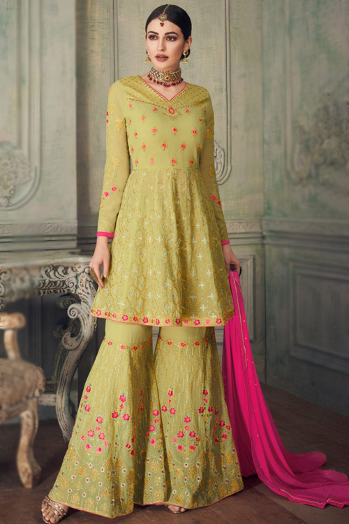 Pear Green Georgette Frock Style Embroidered Sharara Salwar Suit for Party Wear