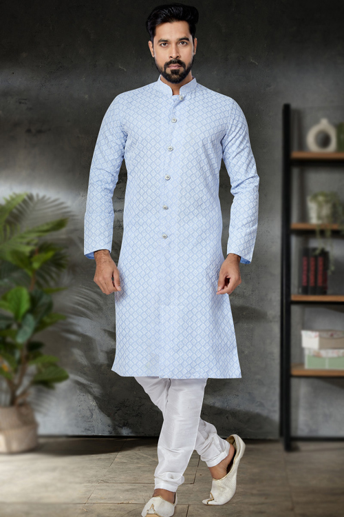 Embroidered Powder Blue Cotton Chikankari Men's Sherwani