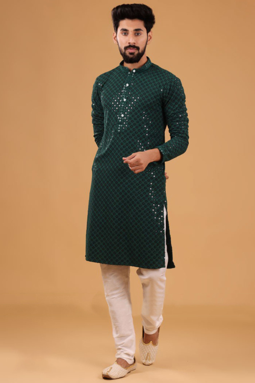 Embroidered Rayon Bottle Green Men Kurta Pajama