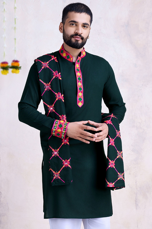 Embroidered Rayon Bottle Green Straight Cut Men's Kurta