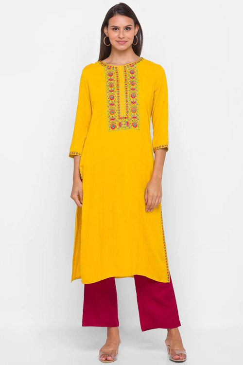 Rayon Mustard Yellow Resham Embroidered Kurti for Casual Wear