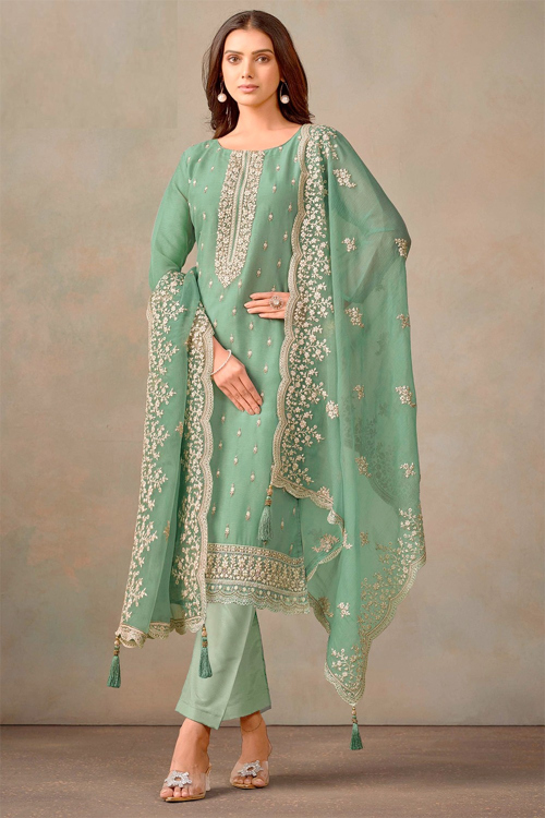 Embroidered Seafoam Green Straight Cut Organza Trouser Suit