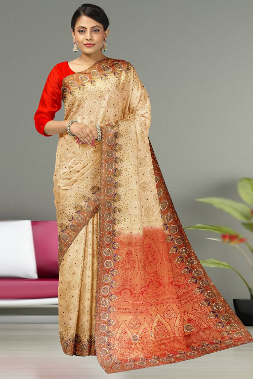 Cream Beige Silk Woven Saree with Beads embroidery