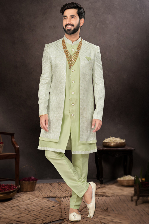 Embroidered Silk Jacket Style Men's Pistachio Green Kurta Pajama