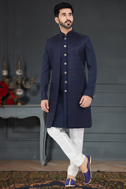 Embroidered Silk Navy Blue Jacket Style Men's Sherwani