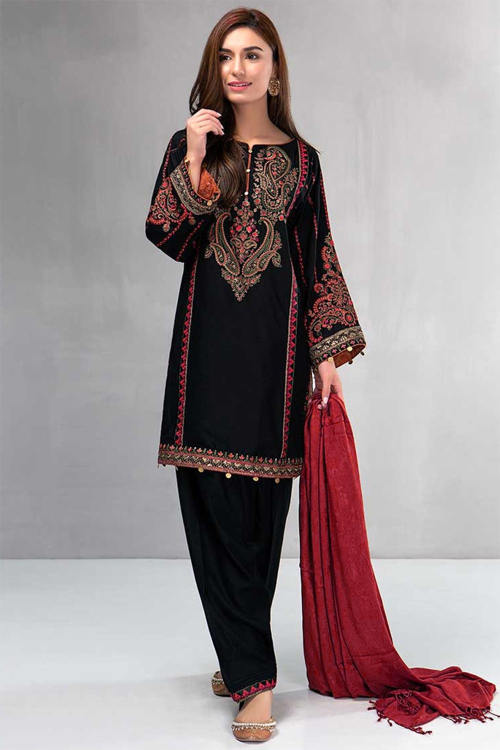 Embroidered Velvet Pakistani Wedding Salwar Suit In Black Color