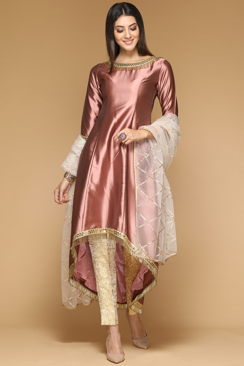 Silk Rosy Brown Wedding Straight Pant Suit