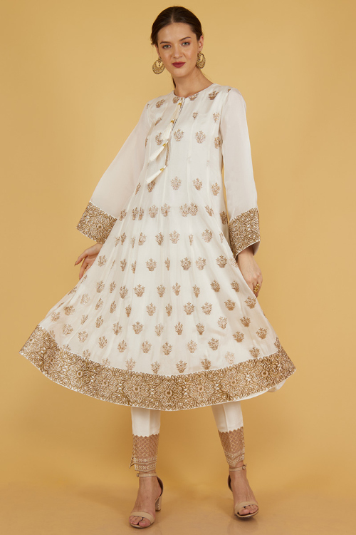 Embroidered Silk White Wedding Festive Wear Anarkali Suit
