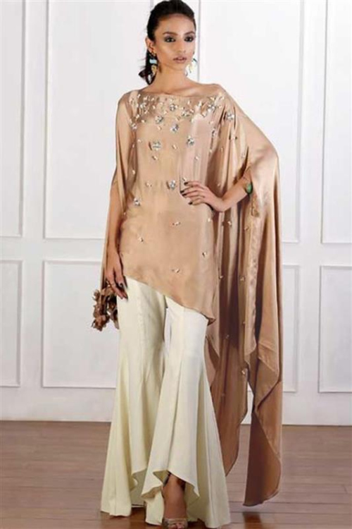 Embroidered Soft Silk Dark Beige Flared Pant Suit