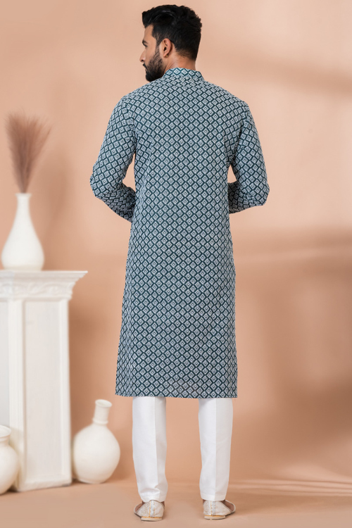 Embroidered Teal Blue Cotton Straight Cut Men's Kurta Pajama 