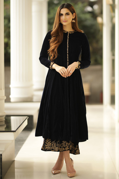 Embroidered Velvet Wedding Anarkali Suit In Black Colour
