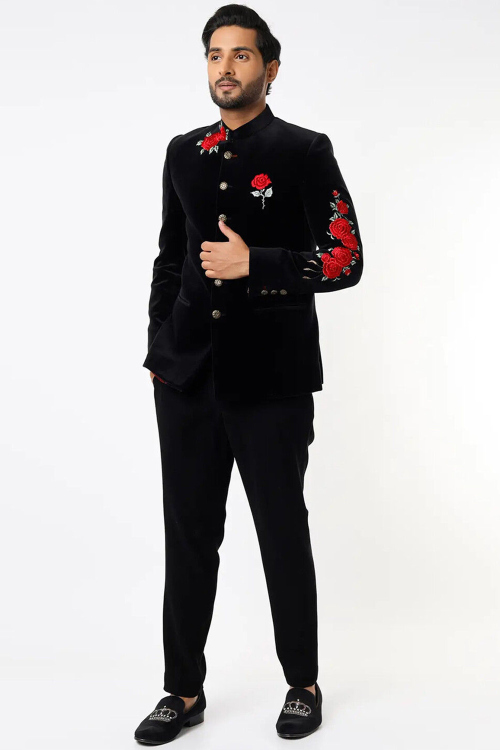 Embroidered Velvet Black Men's Jodhpuri Style Sherwani