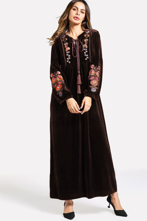 Embroidered Velvet Modest Gown In Dark Brown Colour