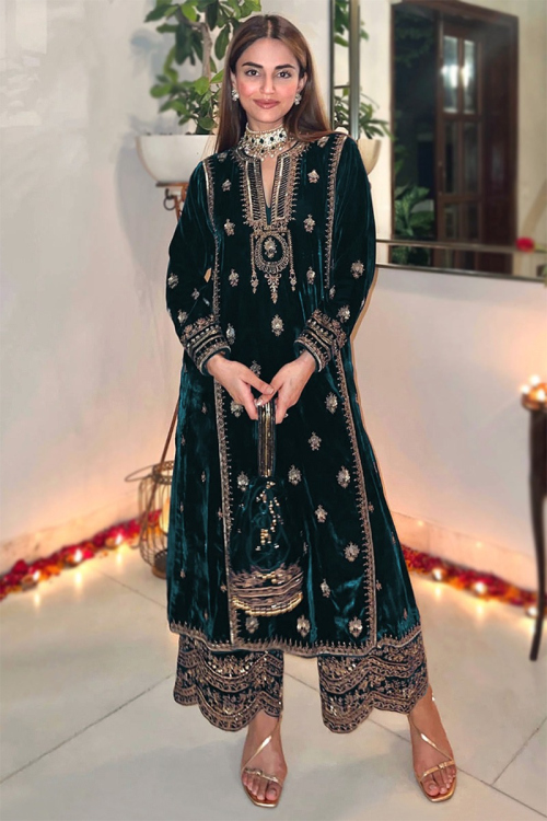 Embroidered Velvet Teal Blue Straight Cut Trouser Suit