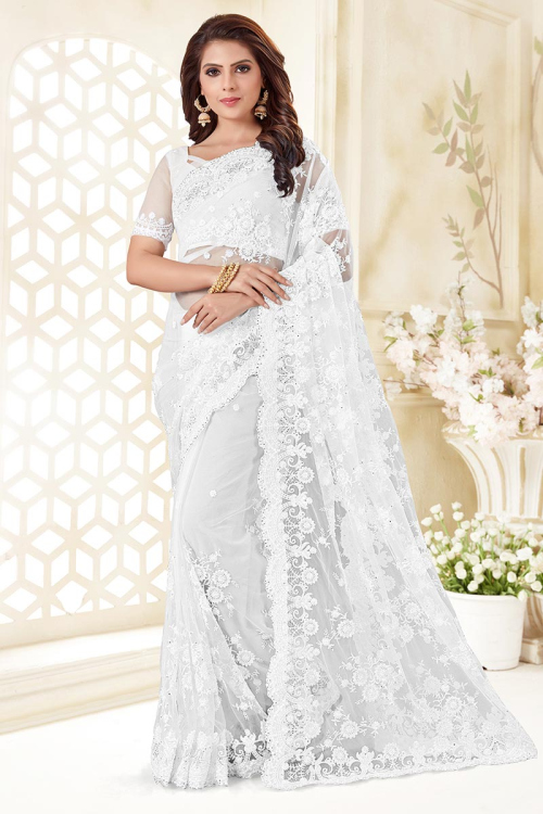 Embroidered White Net Saree With Net Blouse