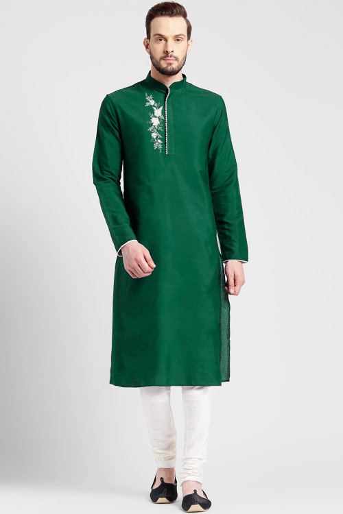 Emerald Green Cotton Silk Embroidered Straight Cut Men&#039;s Kurta With Churidar