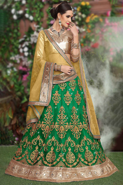 Emerald Green Net A-Line Embroidered Lehenga