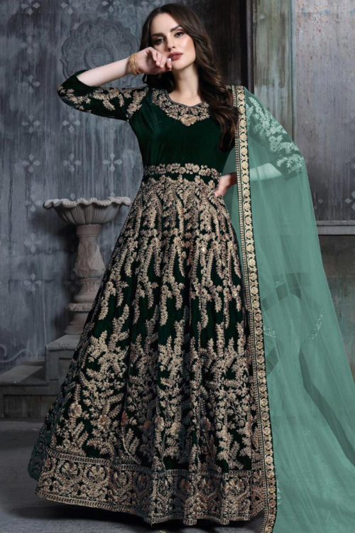 Bottle Green Velvet Embroidered Wedding Special Anarkali Suit