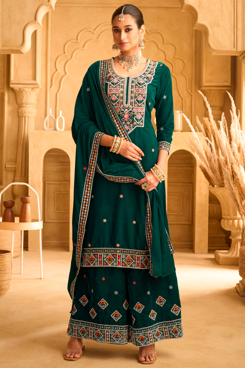 Emerald Green Velvet Palazzo Suit With Dori Work For Festival 