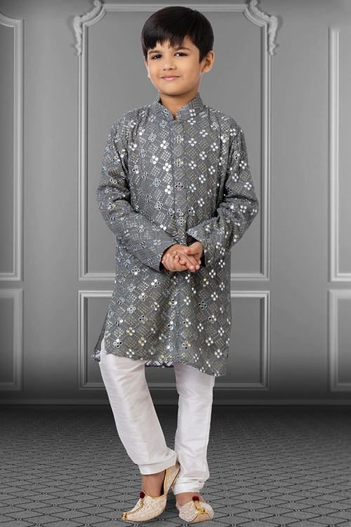 Faux Mirror Embroidered Georgette Steel Grey kid's Kurta churidar
