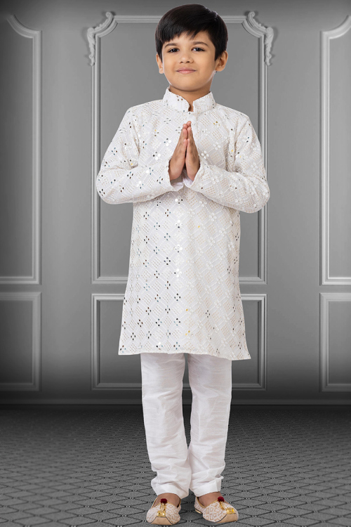 Faux Mirror Embroidered Georgette White kid's Kurta churidar