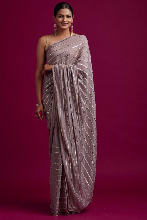 Faux Mirror Embroidered Silk Light Mauve Saree