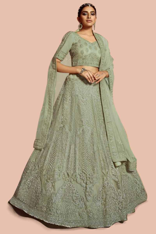 Fern Green Embroidered Net Lehenga