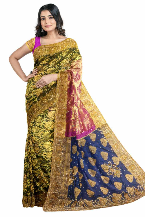 Silk Fern Green Zari Embroidered Party Wear Saree
