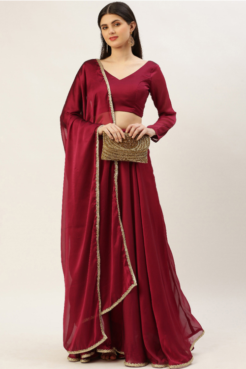 Festival Wear Burgundy Maroon Art Silk Plain Lehenga 