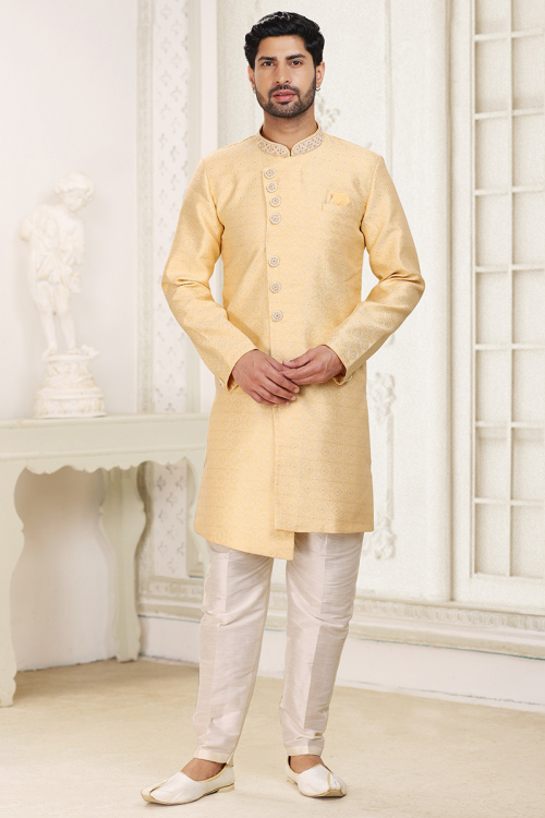 Festival Wear Embroidered Jacquard Pale Yellow Men's Sherwani 