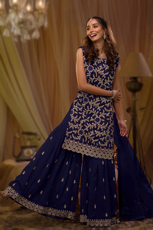 Festival Wear Georgette Navy Blue Embroidered Sharara Suit 