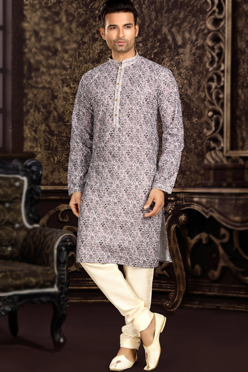 Festival Wear Grey Cotton Men Kurta Pajama 