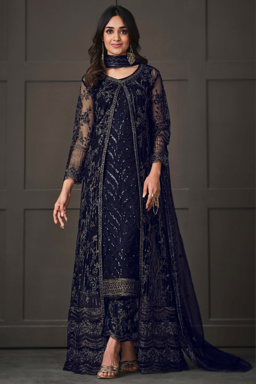 Festival Wear Net Prussian Blue Embroidered Trouser