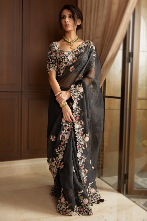 Festival Wear Georgette Black Embroidered Saree 