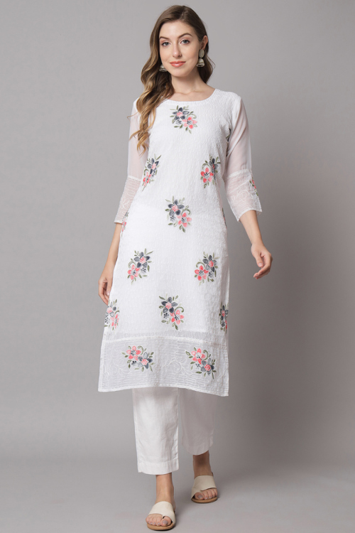 Festival Wear White Georgette Straight Cut Kurti
