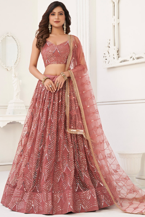 Flared Net Brick Red Lehenga with Mirror Work 