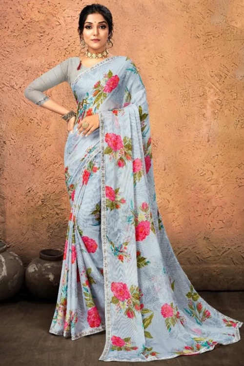 Floral Print Chiffon Light Grey Saree