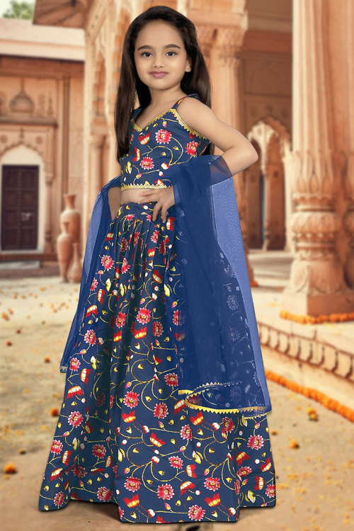 Floral Printed Chinnon Royal Blue Lehenga