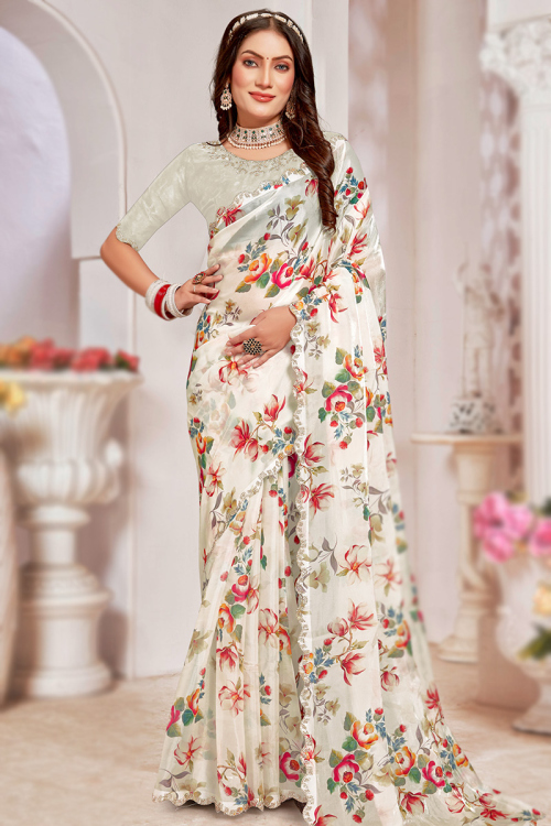 Floral Printed White Organza Silk Saree