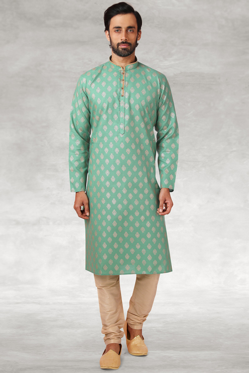 Foil Print Seafoam Green Cotton Men's Straight Cut Kurta Churidar