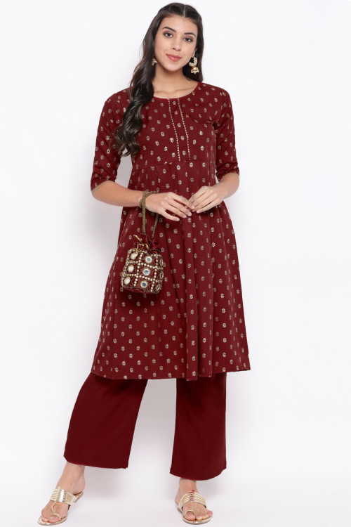 Foil Printed Maroon Silk Straight Pant Suit