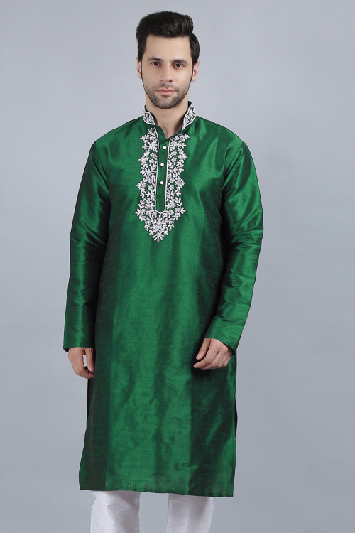 Forest Green Beads Embroidered Men Kurta In Dupion Silk 