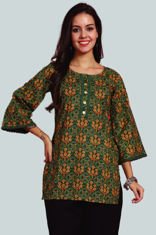 Forest Green Cotton Printed Short Kurti For Casual Wear