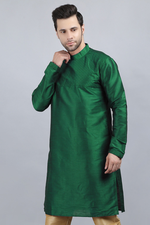 Forest Green Dupion Silk Plain Straight Cut Men's Kurta