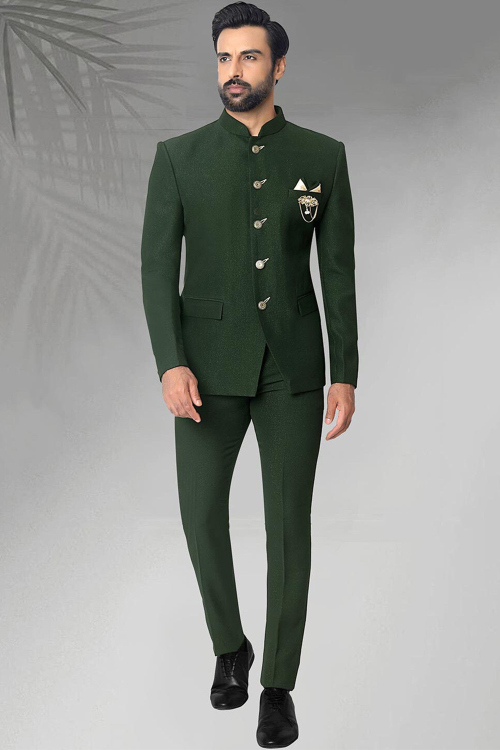 Forest Green Plain Rayon Jodhpuri Style Men's Coat Pant