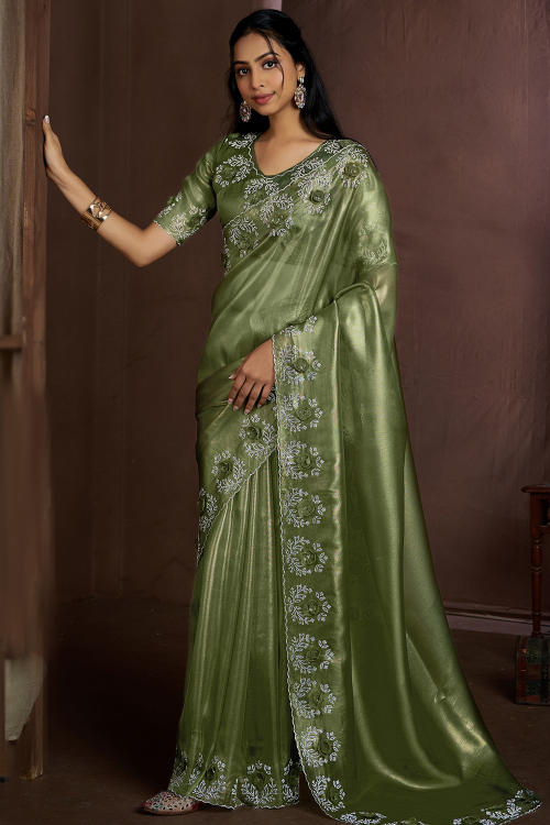 Forest Green Tissue Embroidered Light Weight Saree 