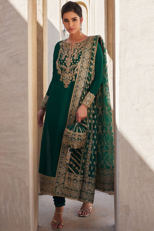 Embroidered Bottle Green Silk Straight Cut Churidar Suit