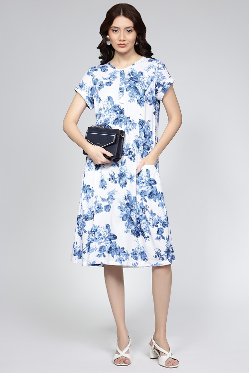 Blue Floral Cotton Midi Dress for Women